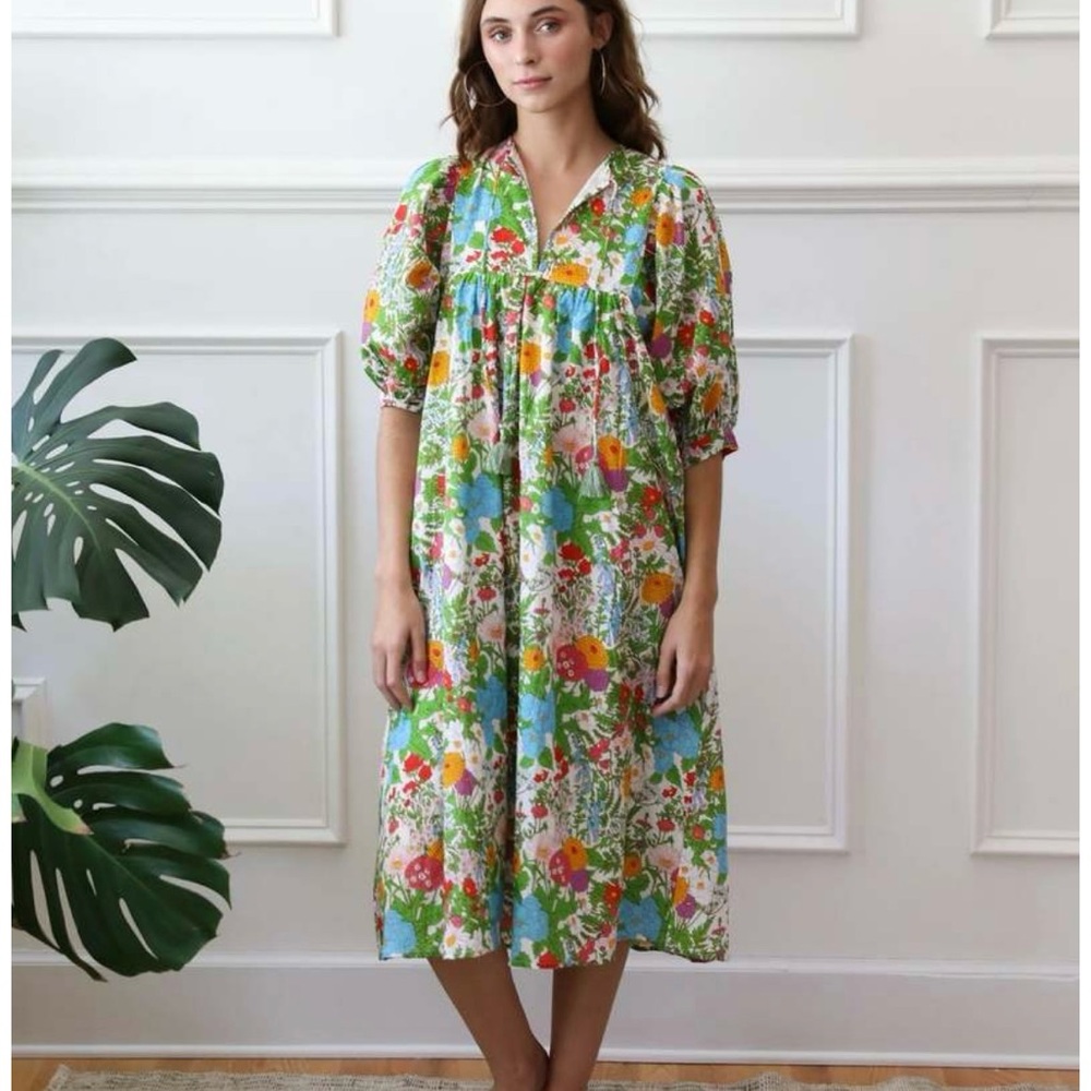 Mille Saffron Floral Midi Dress with Puff Sleeves